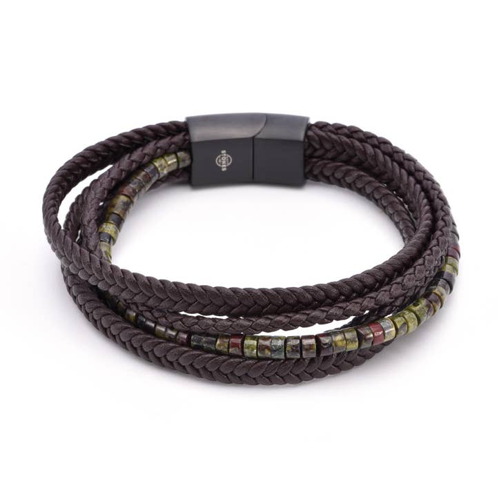 Brown leather bracelet with dragon blood jasper heishi bead for wholesale by SIXTY STONES