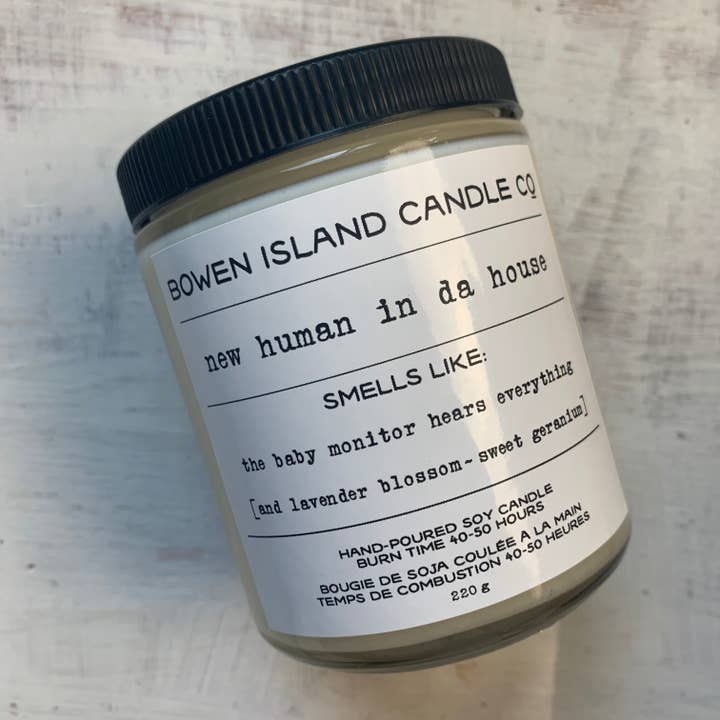 WHOLESALE 4 PACK New Human In Da House - lavender blossom ~ sweet geranium - Soy Candle - mom gift, dad gift, new parent gift, celebration gift for wholesale by Bowen Island Soap Company