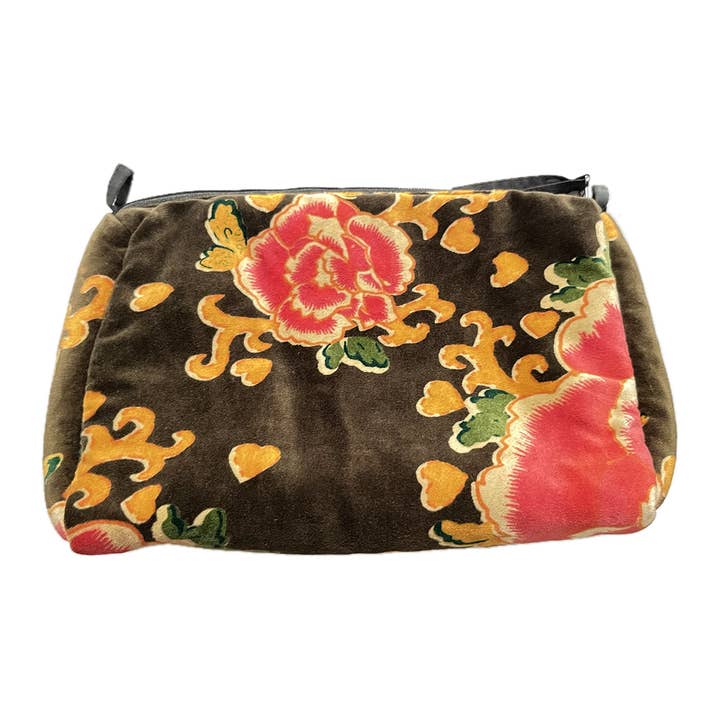 Rome Velvet Pouch Peonies Olive for wholesale by Little Journeys Chicago