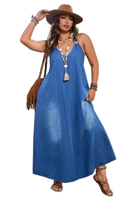 By Claude - Wholesale Dress - Women's - WOMEN PLUS SIZE FASHION DENIM MAXI DRESS2