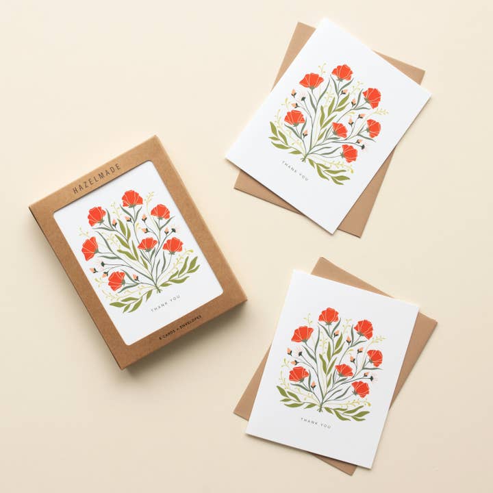 HAZELMADE® Tea Towels + Gifts - Wholesale Stationery/notecard set - Poppy Thank You Card | Greeting Card | Box Set1