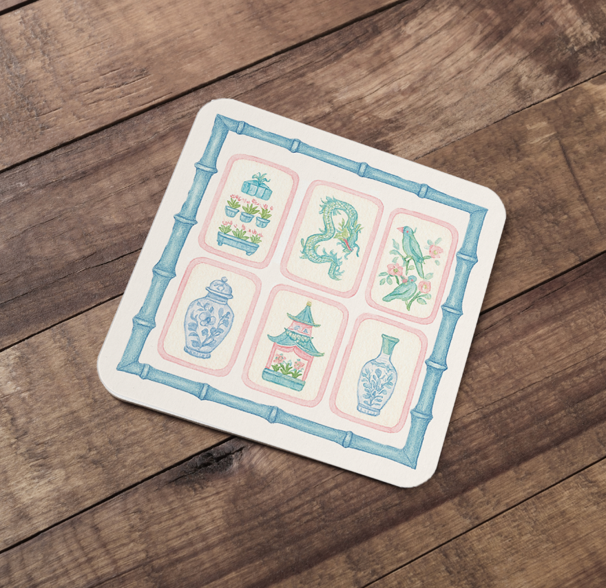 Design Carolinas - Wholesale Disposable Coasters - Mahjong Tile Pastel Chinoiserie Paper Coaster Set1