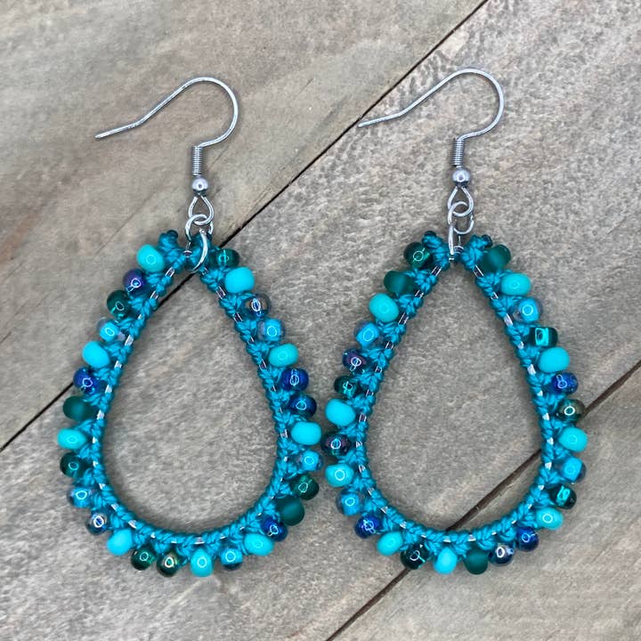 Beaded Teardrop Earrings - Teal & Silver for wholesale by HK Macrame Jewelry