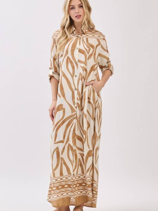 Dames geweven maxi-jurk met boordprint en knoopsluiting voor wholesale door MintChoco