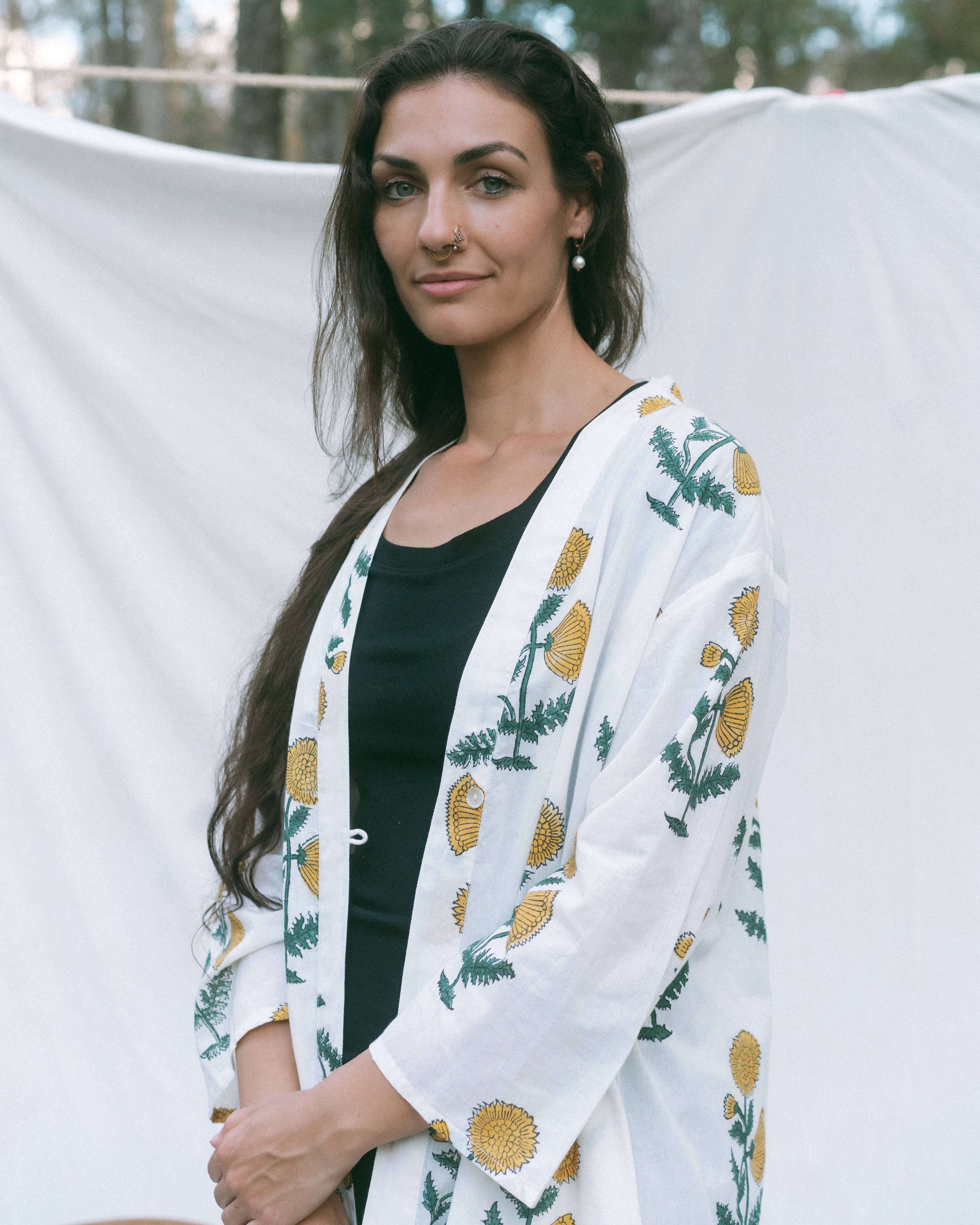 Devi Shop - Wholesale Robe - Women's - Cotton Block Print Robe ~ Yellow Poppy4