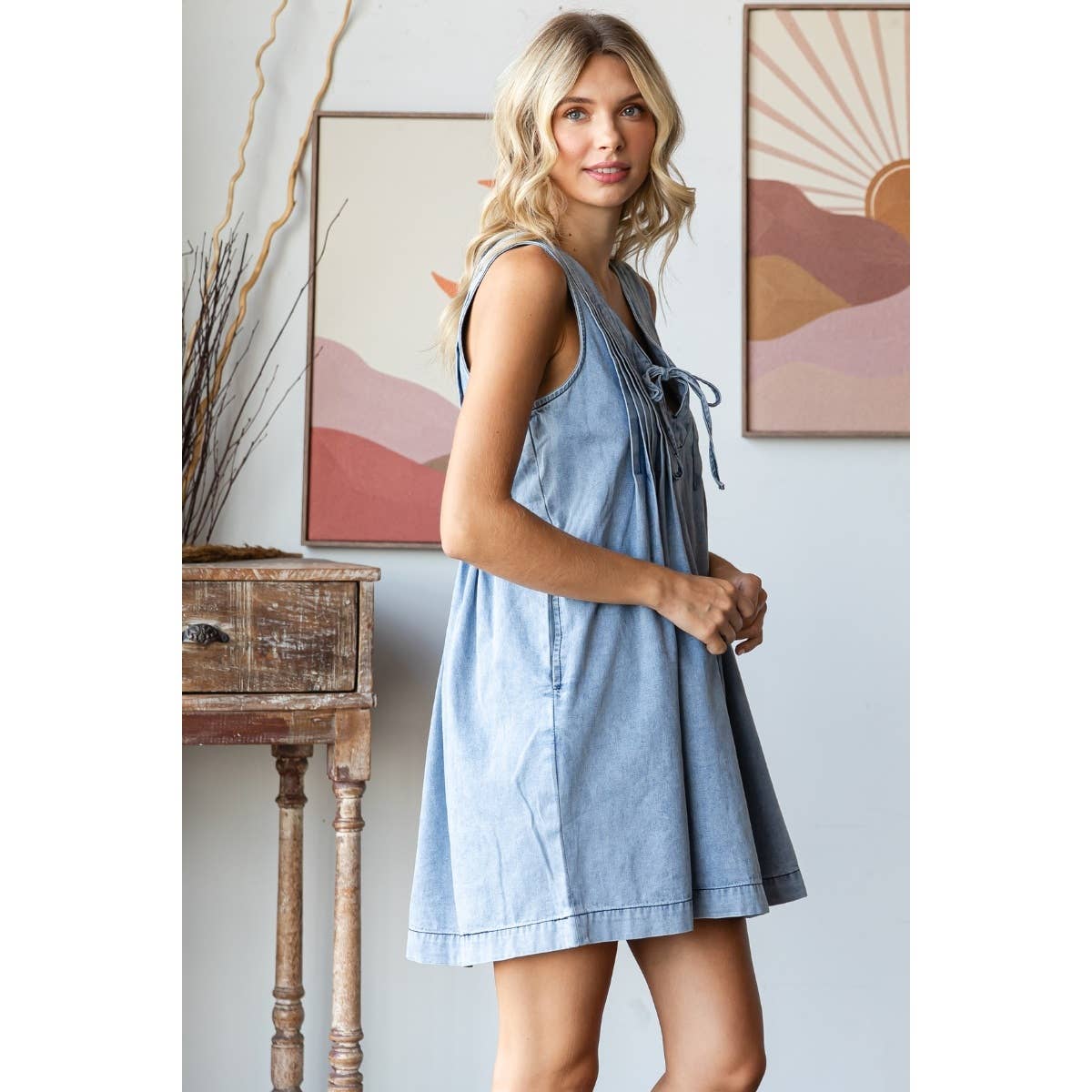 Light Wash V-neck Puff Sleeve Denim Short Dress for wholesale on Faire5