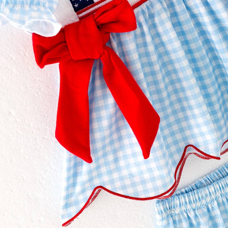 Auraquise - Wholesale Clothing Set - Baby - Baby Girls July 4th Flag Smocked Blue Plaid Romper Set2