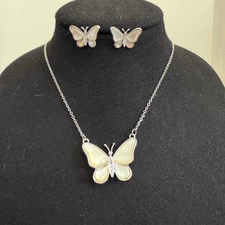 Iridescent Butterfly Mother-of-Pearl Necklace and Earrings Set – Silver Finish | Pastel Enamel Wings for wholesale by Vinnis Jewelry