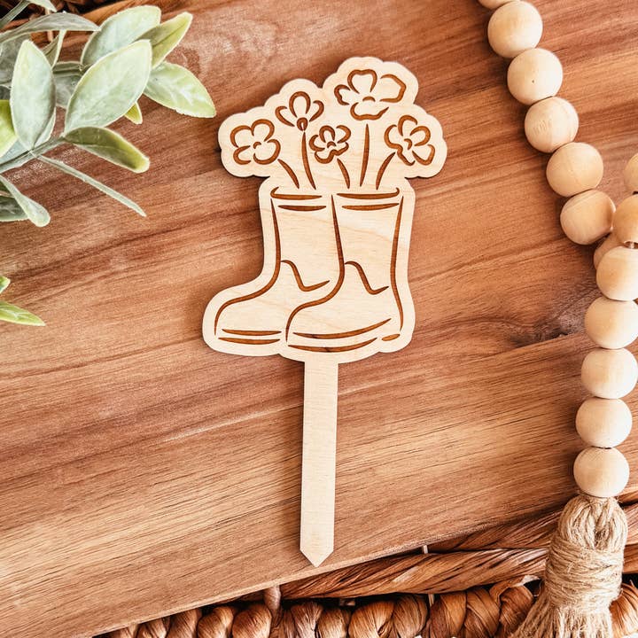 Floral Boots Wooden Plant Stake | Spring Plant Marker for wholesale by Knotty Design Co.