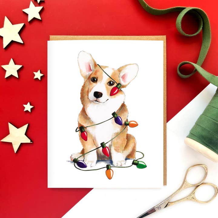 Morgan Swank Studio - Wholesale Christmas Card - Corgi Dog and Christmas Lights | Christmas Card1