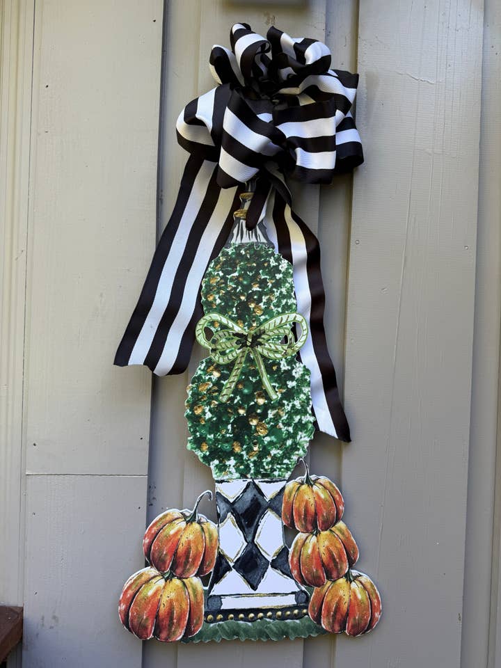 LARGE Designer Harlequin Topiary Pumpkin Chinois Door Hanger for wholesale by Mid Mod Design LLC