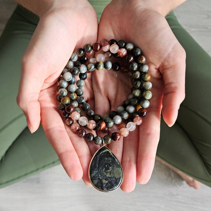 Harmony Mala - Wholesale Prayer Beads Necklace - Red Tiger Eye, Fire Quartz, and Green Eagle Eye Mala Bead Necklace β Grounding & Vitality4