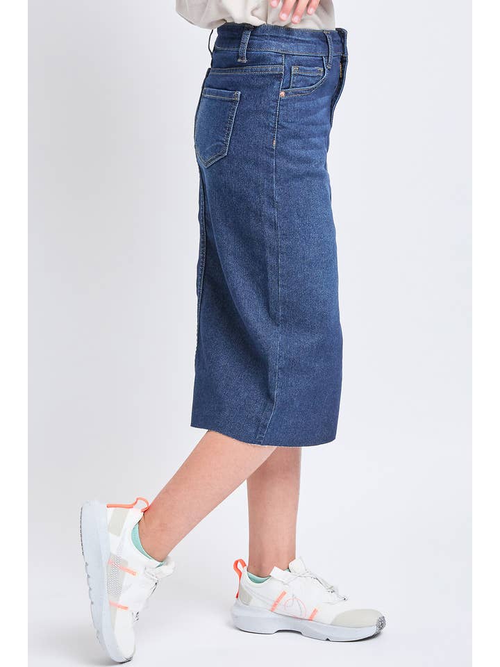 Mørk Indigo Lang nederdel i denim foran til piger med slids rå kant for engroshandel på Faire