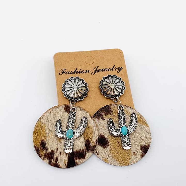 Mio Queena - Wholesale Dangle Earrings - Western Style Cactus Animal Skin Double Charm Earrings - WJ4