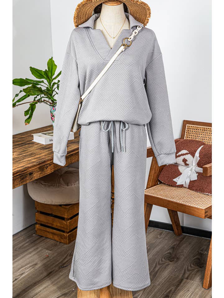 fashionworks - Wholesale Lounge Set - Women's - Fall Solid Texture Collar Top and Long Pants Set*S-2XL