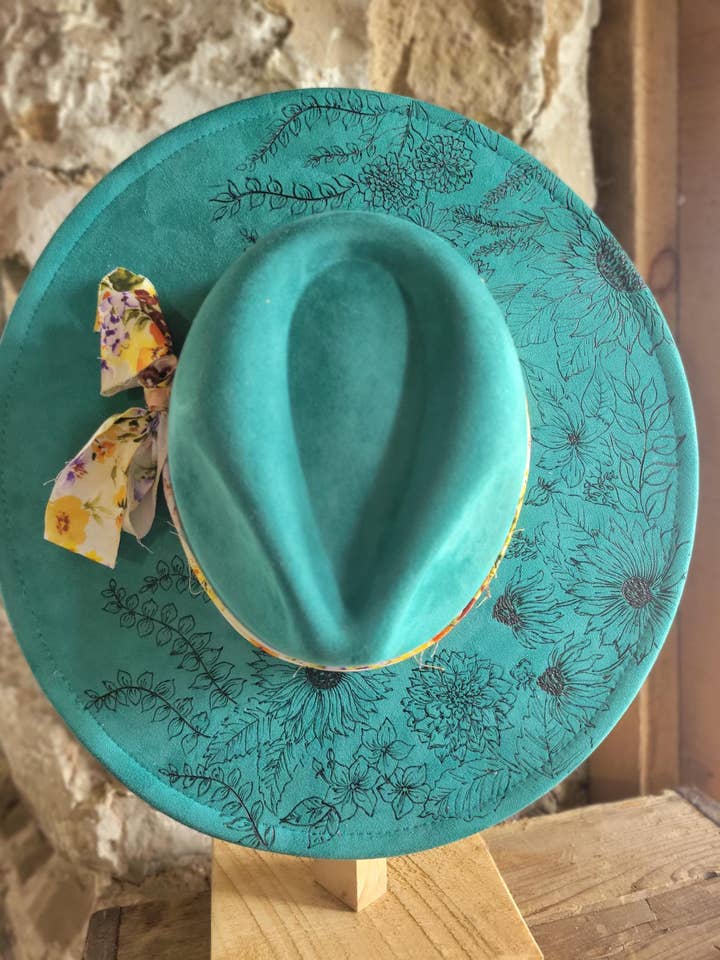 Free-Hand burned vegan suede hat #4 for wholesale by The Broody Hen