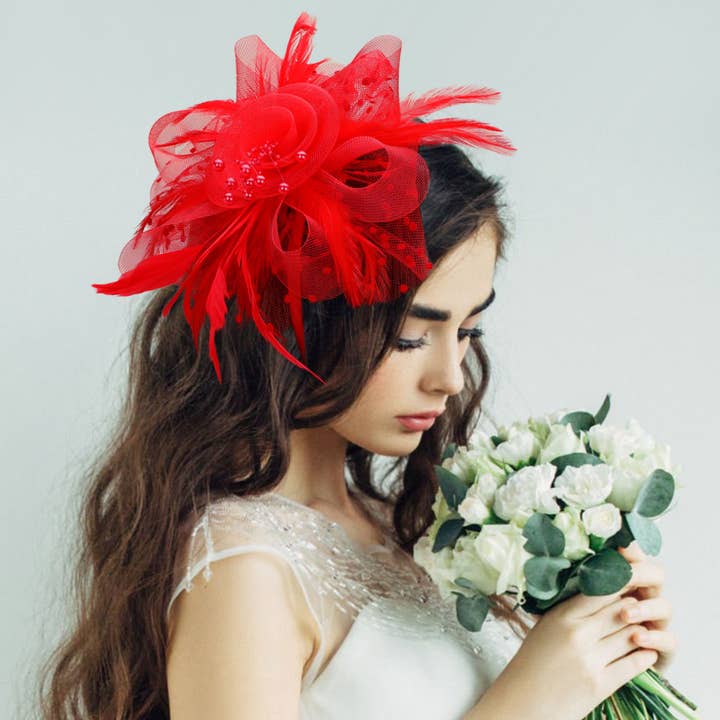 Sensibling Corp. – wholesale Fascinator hat – Women's – Pearl Stamen Flower Feather Veil Fascinator / Headband