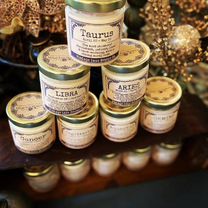 Vintage Luxe Design Co. - Vendita all'ingrosso Candela in vasetto - Taurus Zodiac Horoscope - Candela in cera di soia con cristalli2