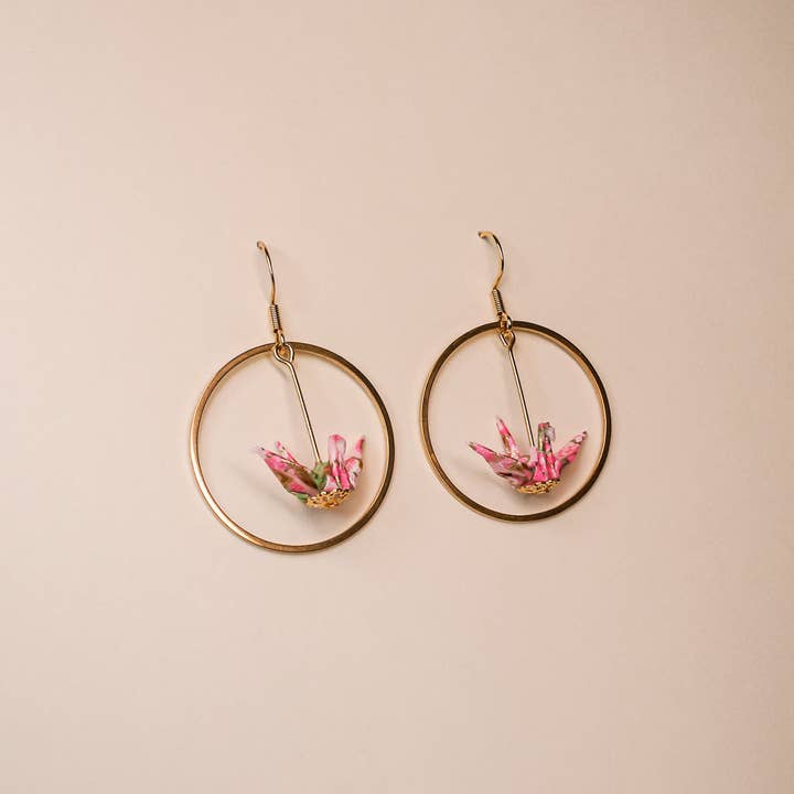 Kamyi.Art Origami Designs - Wholesale Dangle Earrings - Small Crane and Hoop Earrings in Gold5