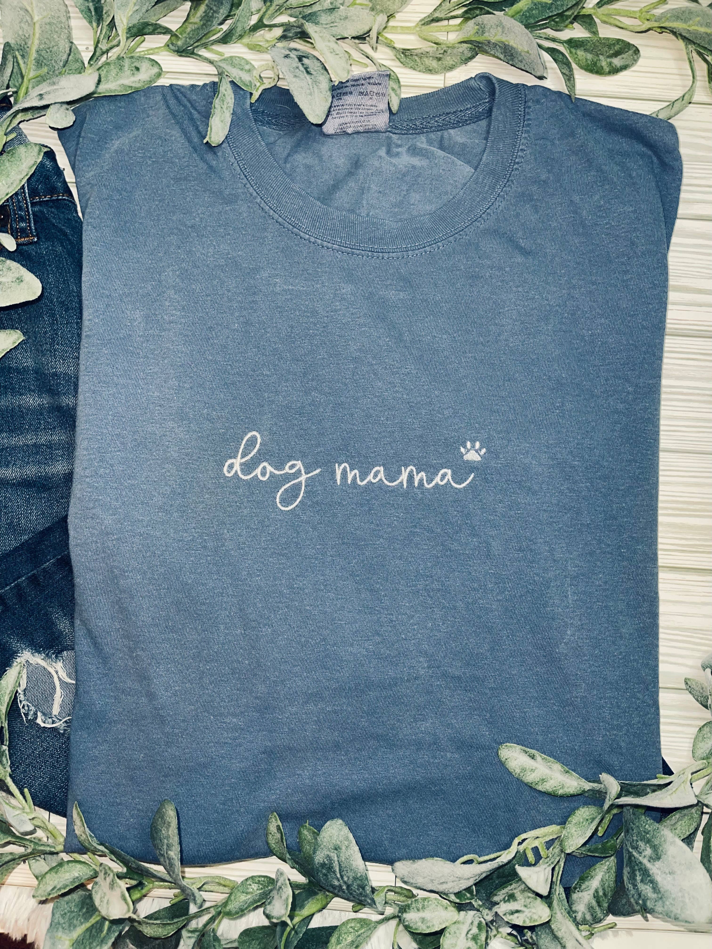 Comfort Colors Blue Jean Dog Mama (Embroidered T-Shirt) for wholesale on Faire1