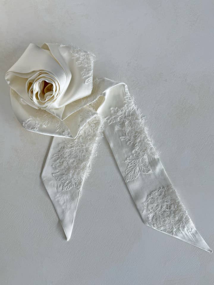 Keiko silk satin & lace long bridal scarf for wholesale by The Loved One