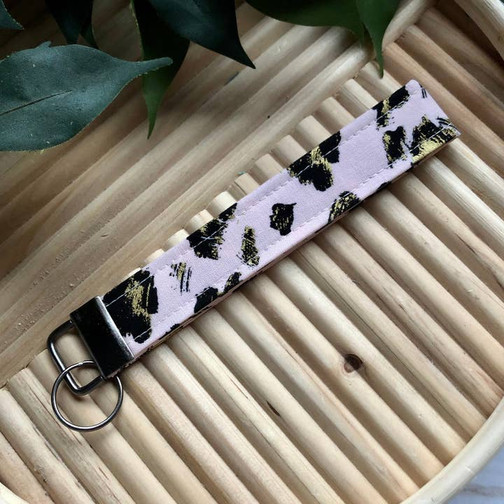 Pink, Black, and Metallic Gold Animal Print Fabric Wristlet Keychain, Key Fob for wholesale by MDStickerShop