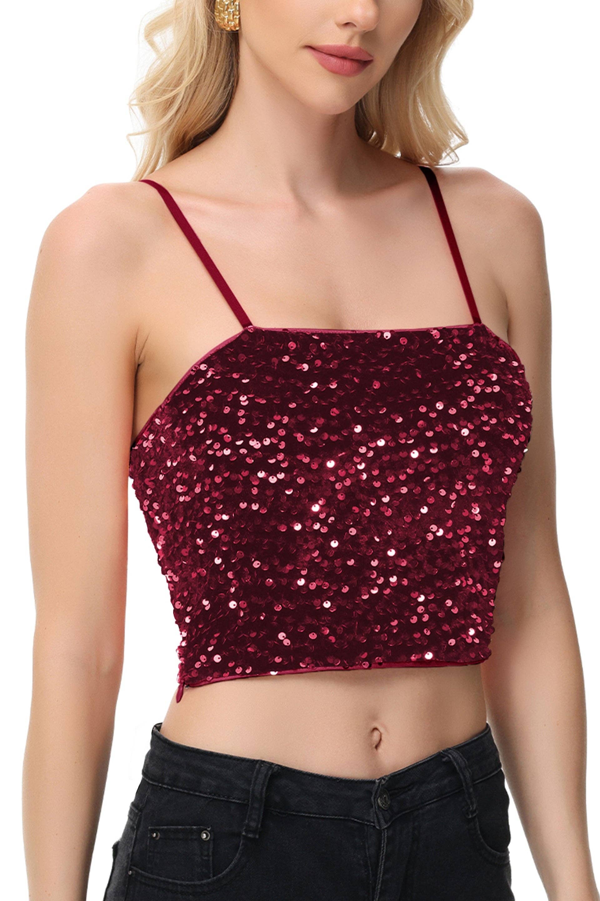 Anna Kaci Wholesale - Wholesale Camisole - Women's - Sparkly Sequin Cami Tops Crop Club Party Glitter Spaghetti12