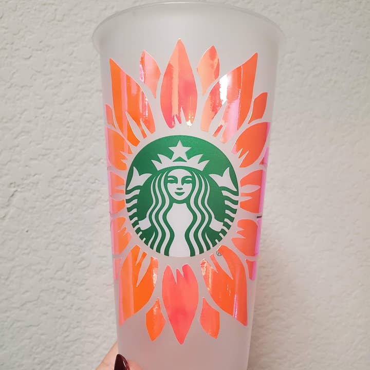Holographic Pink and Orange Venti Starbucks Cold Cup for wholesale by Cre8tionsByCaitlynn