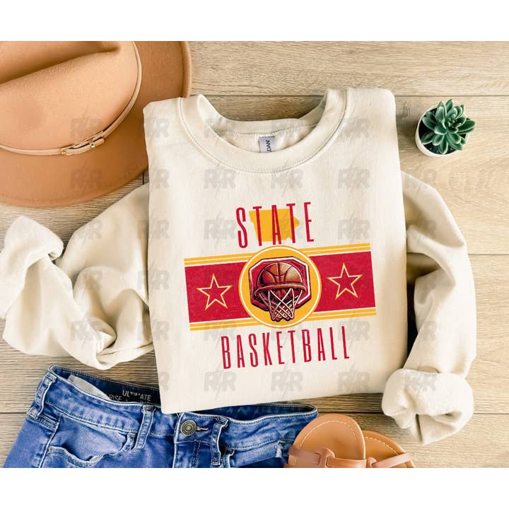 The Red Rival Wholesale - Wholesale Graphic Sweatshirt - Women's - Vintage STATE Maroon & Gold Iowa BASKETBALL Tan/Cream Sweatshirt