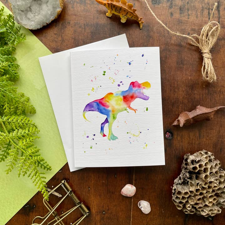 Rainbow T-Rex Card for wholesale by The Unrefined Crafter