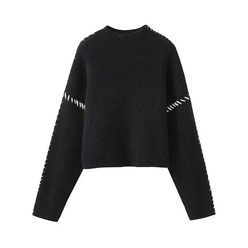 Sheer Trend - Wholesale Knit Sweater - Women's - Stylish Long Sleeve Parisian Round-Neck Knitwear6
