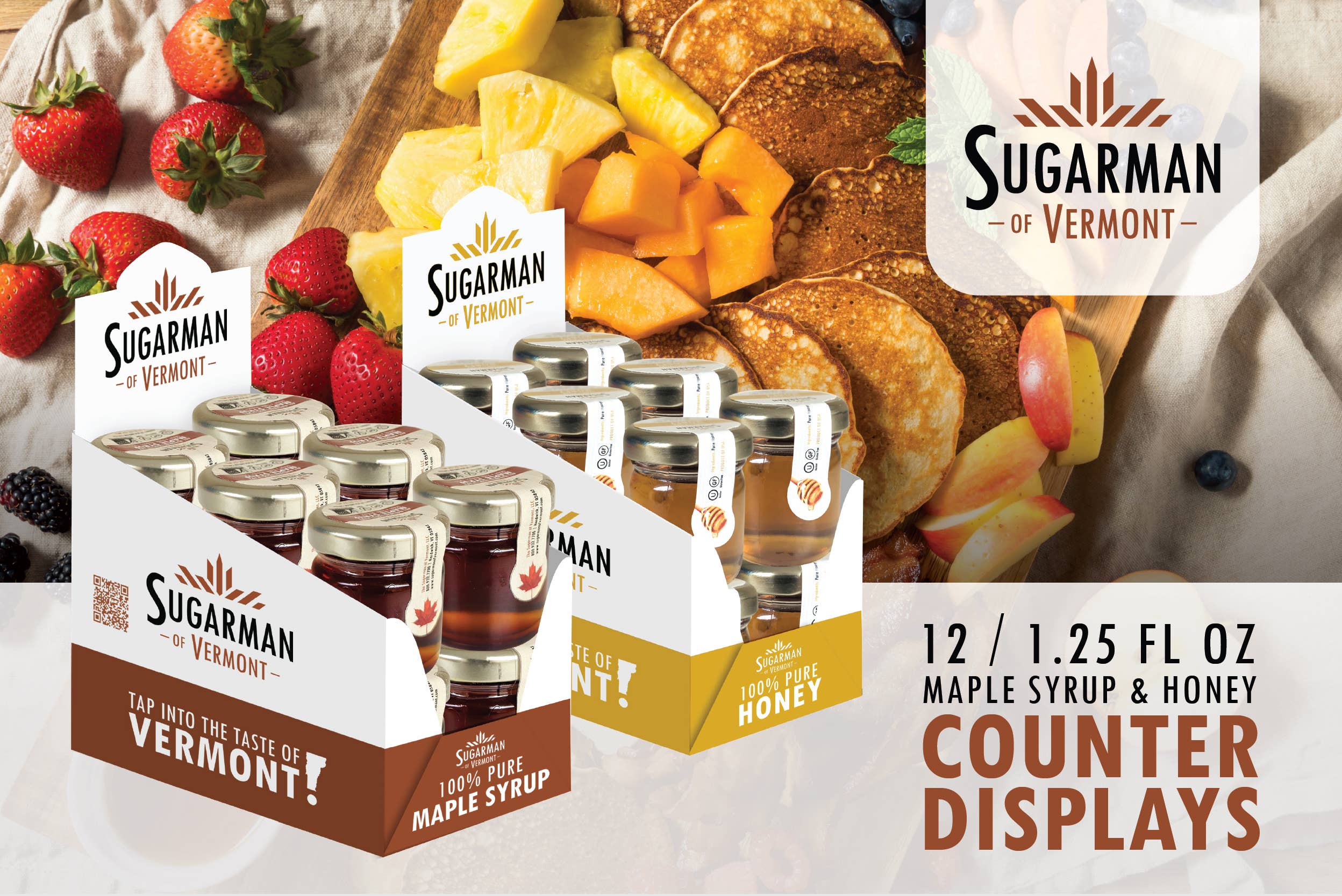 Sugarman of Vermont - Wholesale Honey - Pure Honey Counter Display 12-Packs, 1.25 fl oz (6/case)2