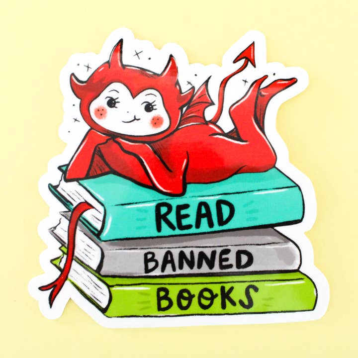 Læs forbudte bøger Little Devil Vinyl klistermærke for engroshandel hos Amy Hartelust Art and Illustration