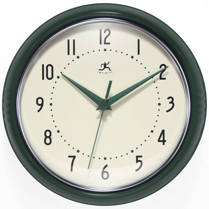 Retro Round Hunter Green Indoor Wall Clock 9.5 Inch for wholesale by Infinity Instruments