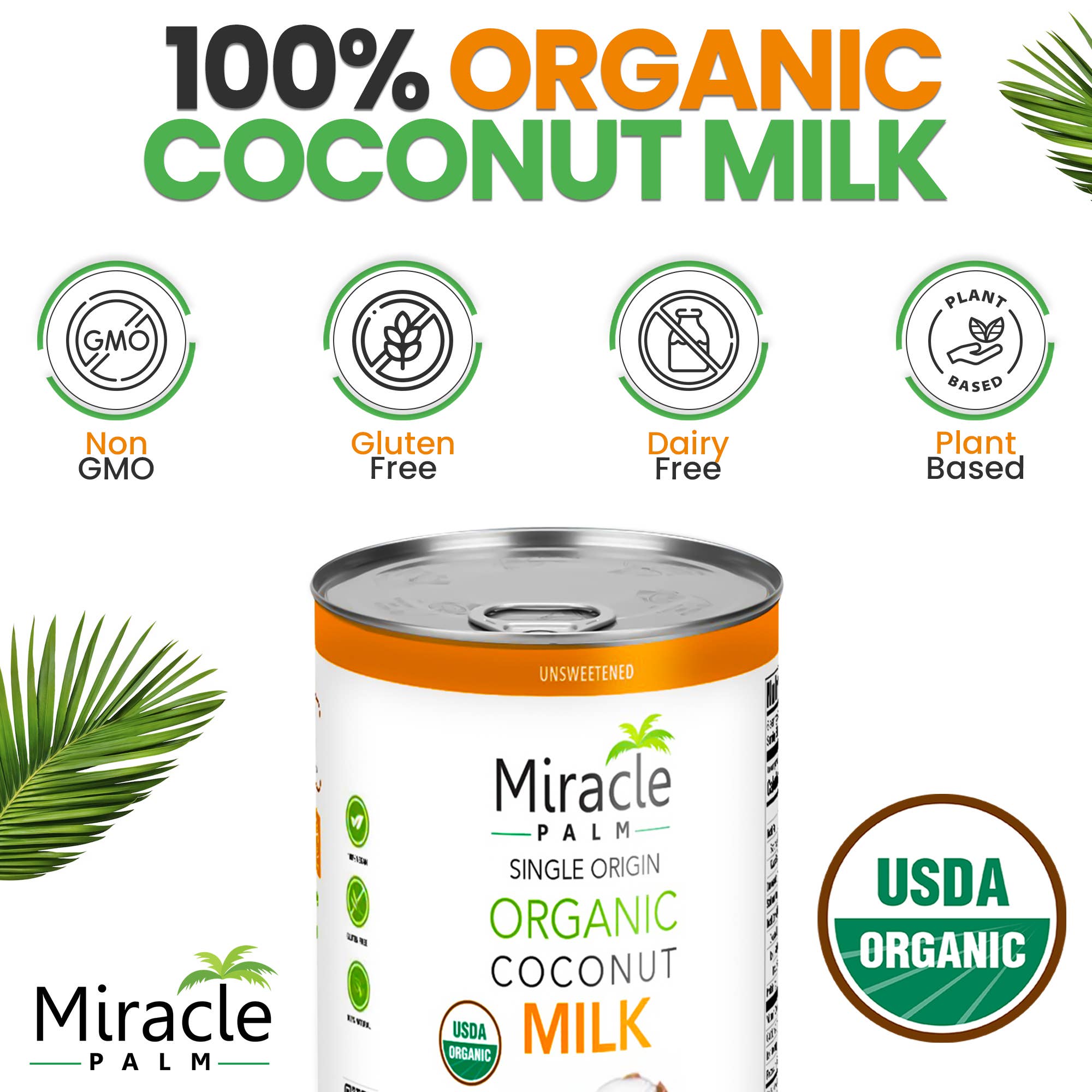 Miracle Palm - Wholesale Non-Dairy Milk - Organic Coconut Milk 18% Fat Unsweetened 13.5 Oz Can 6 pack1