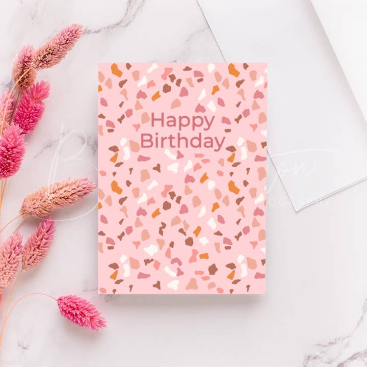 Carte de vœux d'anniversaire rose Terrazzo pour la vente par Rachel’s little design corner