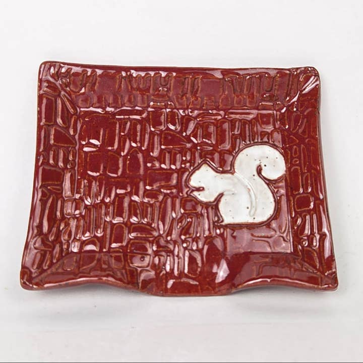 White Squirrel on Cinnamon Bark Handmade Stoneware Soap Dish for wholesale by White Squirrel Clayworks