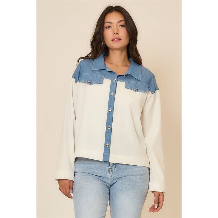 Chambray Contrast Button Down Shacket for wholesale by Cozy Casual, Inc.