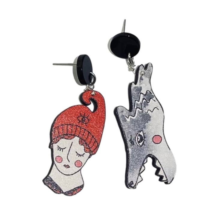 Ohrringe Rotkäppchen und grauer Wolf für den Großhandel von Leopard Frog