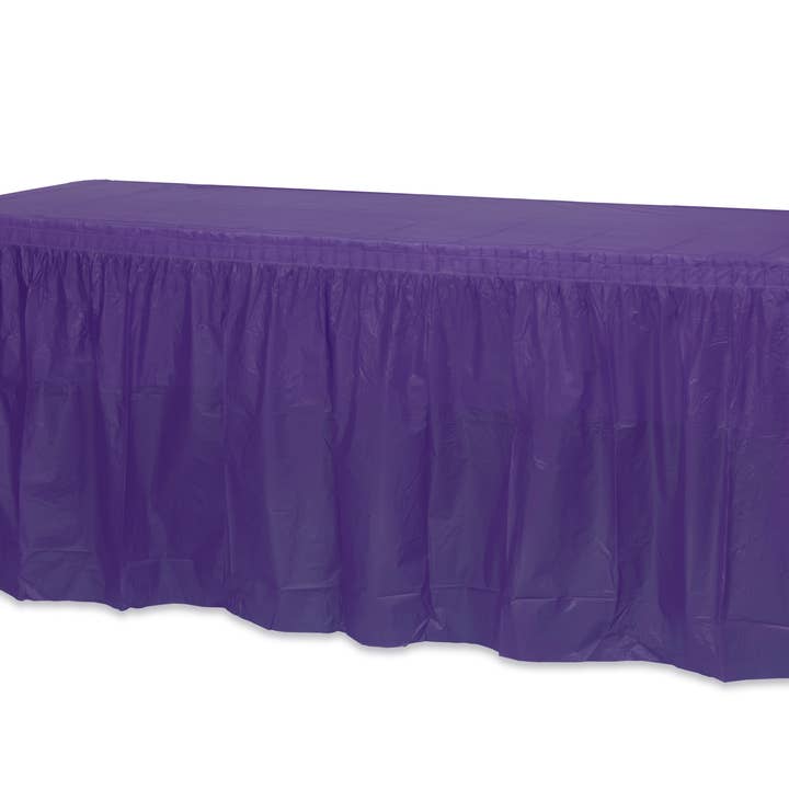 Purple Disposable Plastic Table Skirt - 14 Ft for wholesale by Crown Display