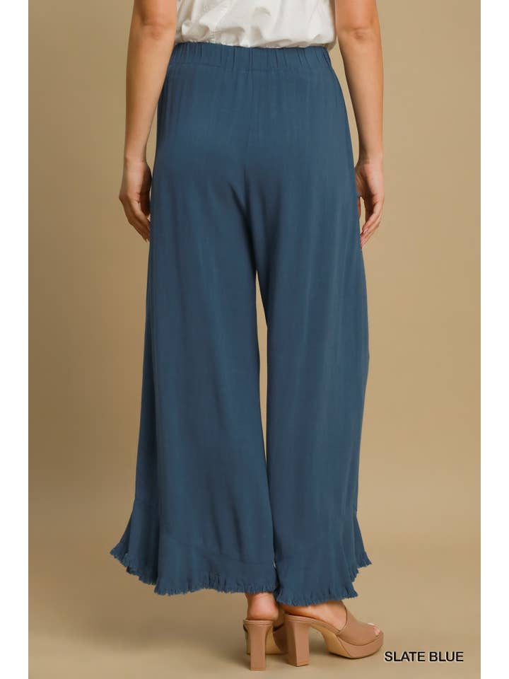 Vanilla Monkey - Wholesale Pants - Women's - Linen Blend Elastic Waist Band Wide Frayed Hem Pants