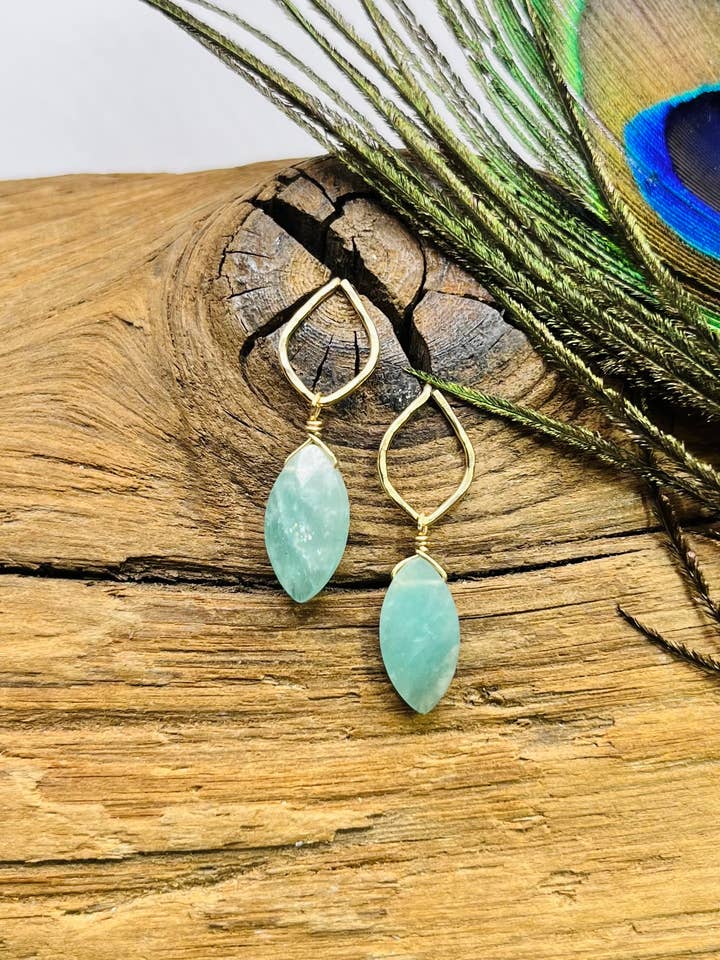 LUNA Gemstone Drop Hammered Leaf Stud Earrings for wholesale by Rachel Renee Jewelry