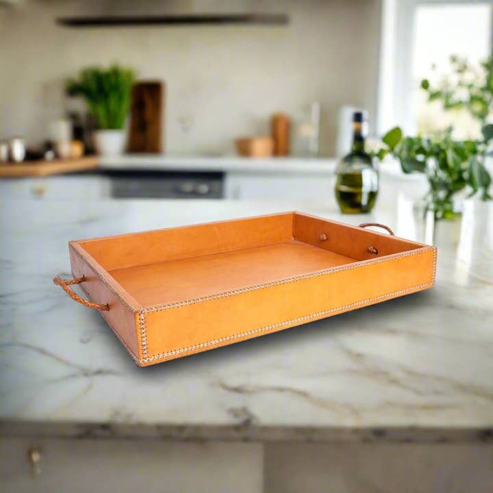 Bati Goods - Wholesale Decorative Tray - Comer | 19" Rectangle Leather Ottoman Tray w/ Handles
