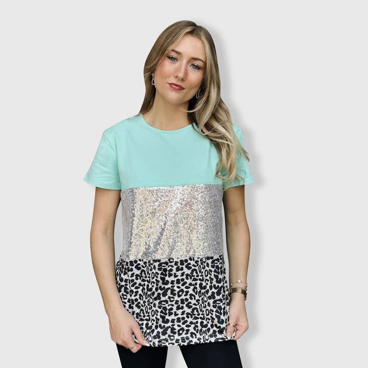Color Block Mint Sequin Cheetah Top for wholesale by ILTEX Apparel
