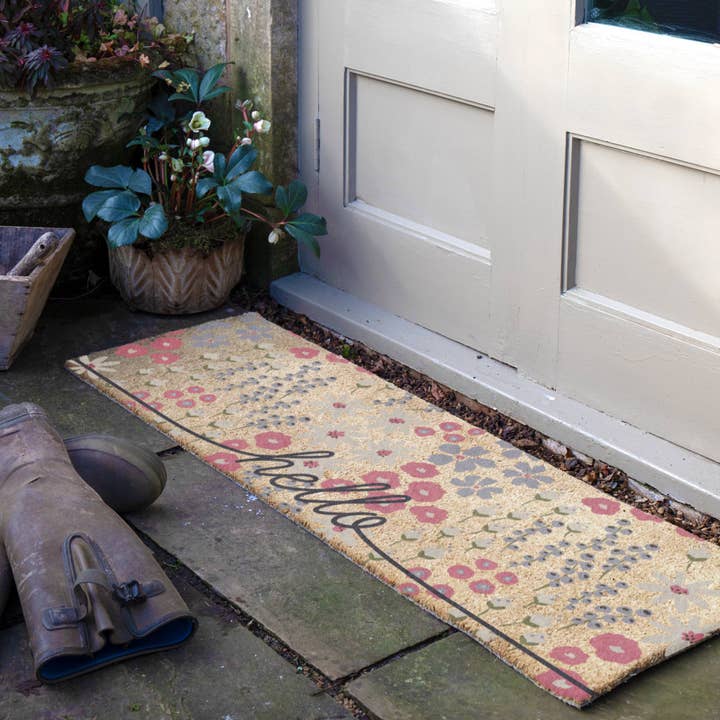 Hello Scribbly Floral Coir Doormat (120 x 40cm) for wholesale by Artsy Mats