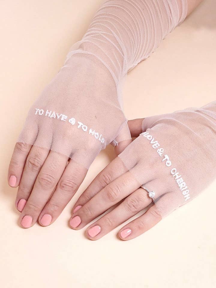 123-fingerless tulle gloves with text for wholesale by The affordable bridal dress