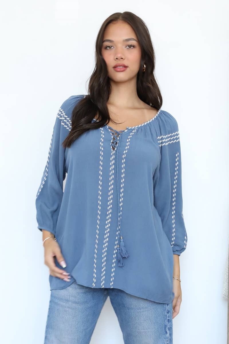 Nostalgia - Wholesale Blouse - Women's - N2M93-ASIS EMBROIDERED TIE NECK BLOUSE0