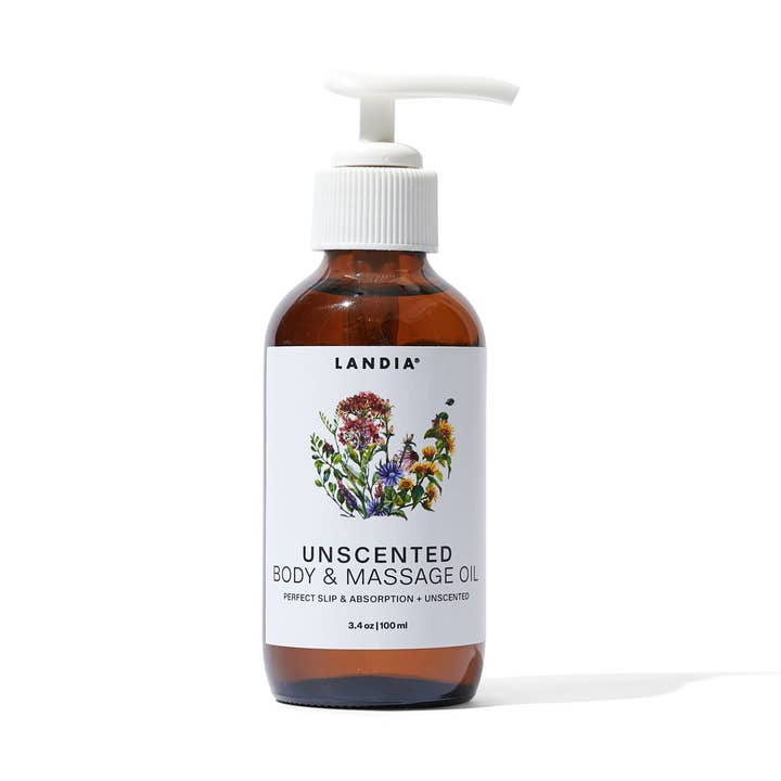 Parfümfreie Körper- und Massageölflasche aus Glas, Metalldeckel für den Großhandel von Landia Skincare, LLC