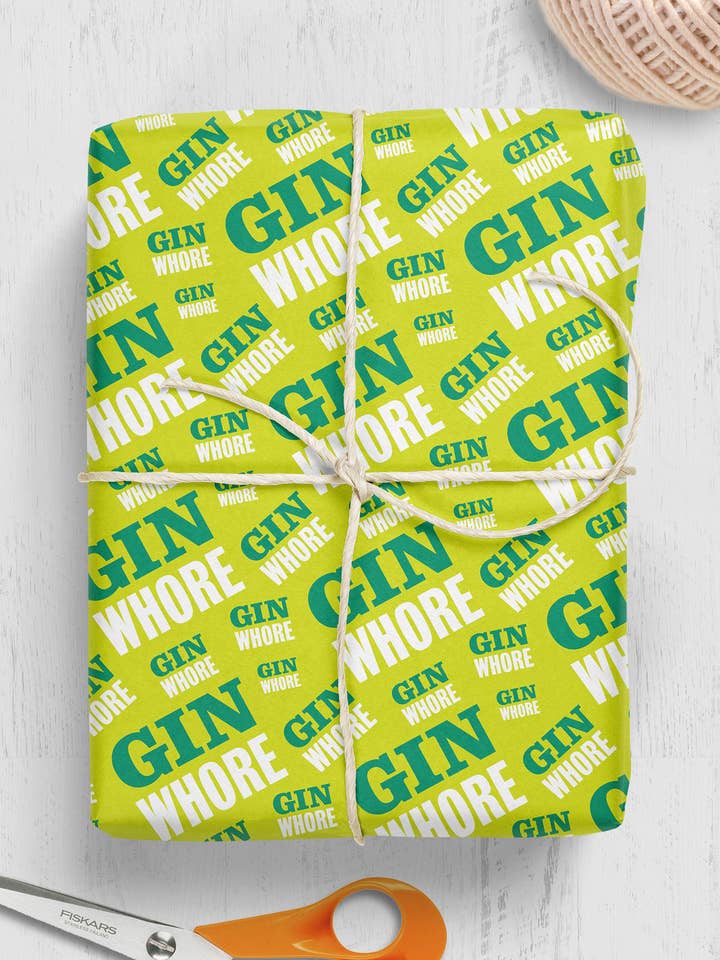 Rude Gift Wrap - Gin Whore **25 x FLAT sheets in a pack** for wholesale by Brainbox Candy