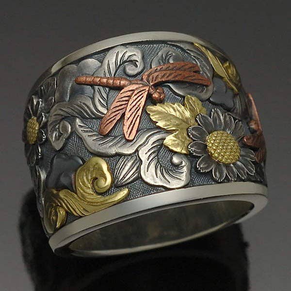 Tourtiwi - Wholesale Cocktail/Statement Ring - Vintage Carved Flower Dragonfly Ring